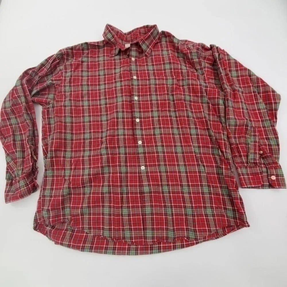 J Crew Shirt XL Plaid Red Green Button Front‎ Long